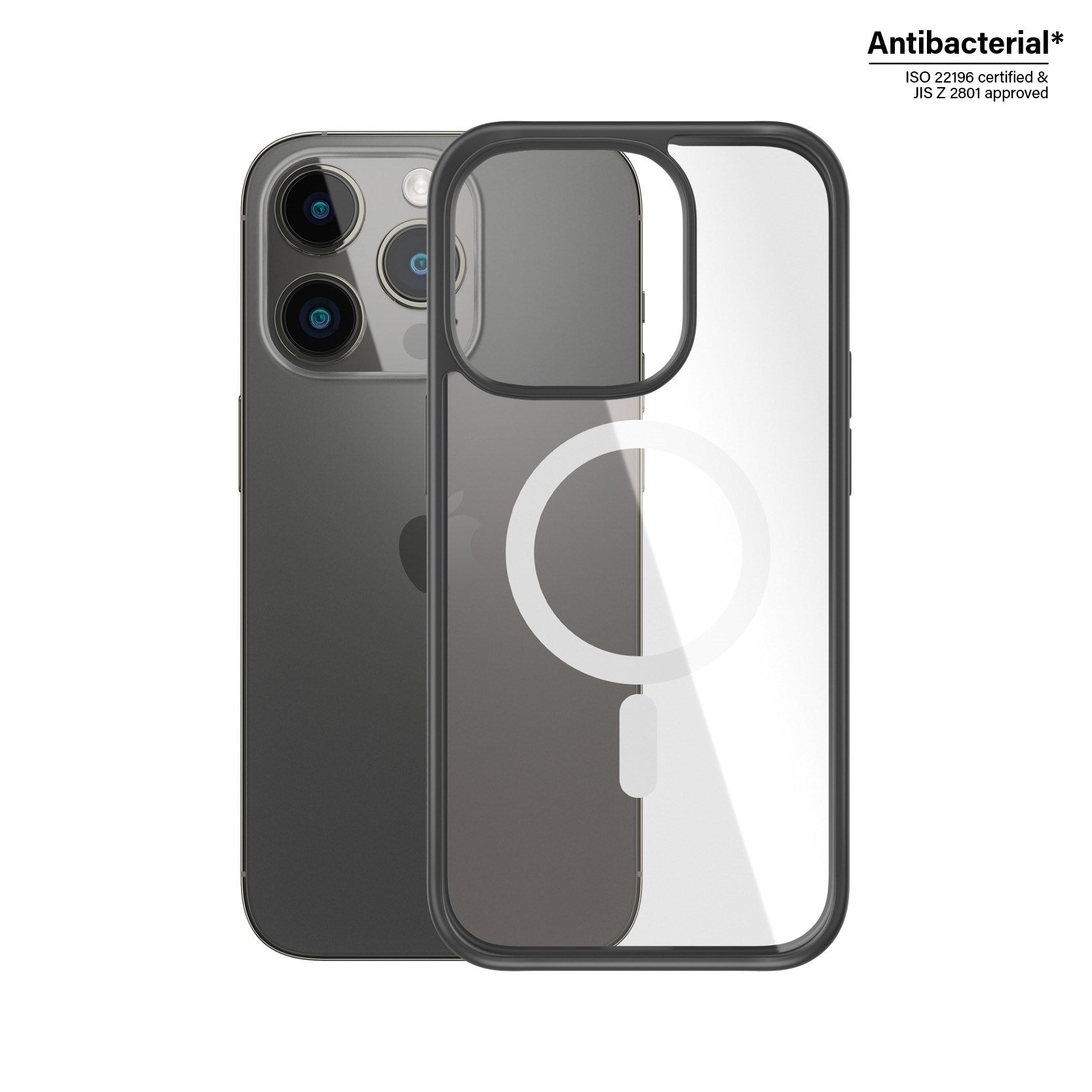 PanzerGlass® ClearCase Transparent m. Weiss MagSafe & Schwarz Rahmen iPhone 14 Pro